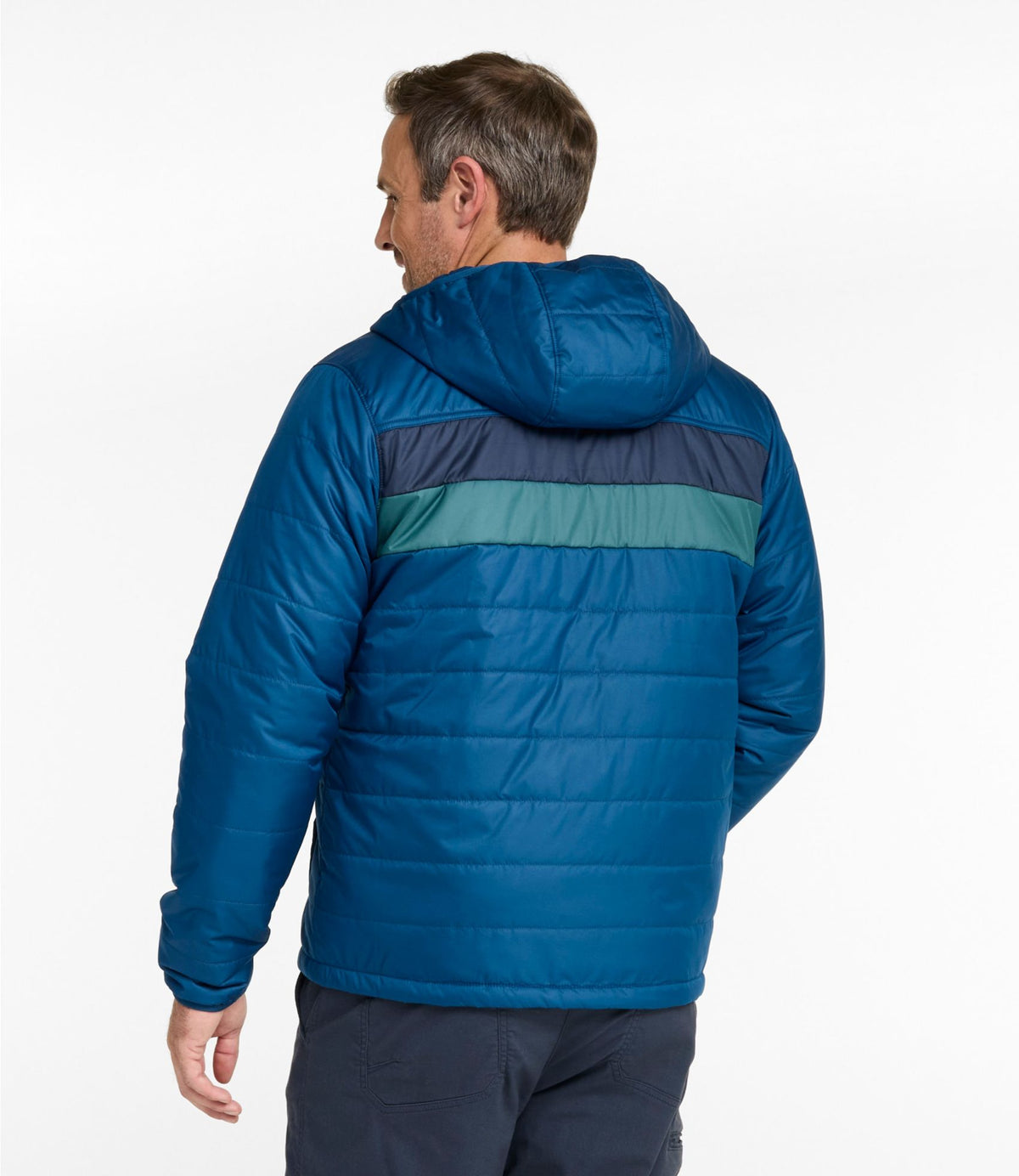 L.L.Bean Men's Mountain Classic Puffer Hooded Jacket, Colorblock Dark Marine Blue/Nautical Navy