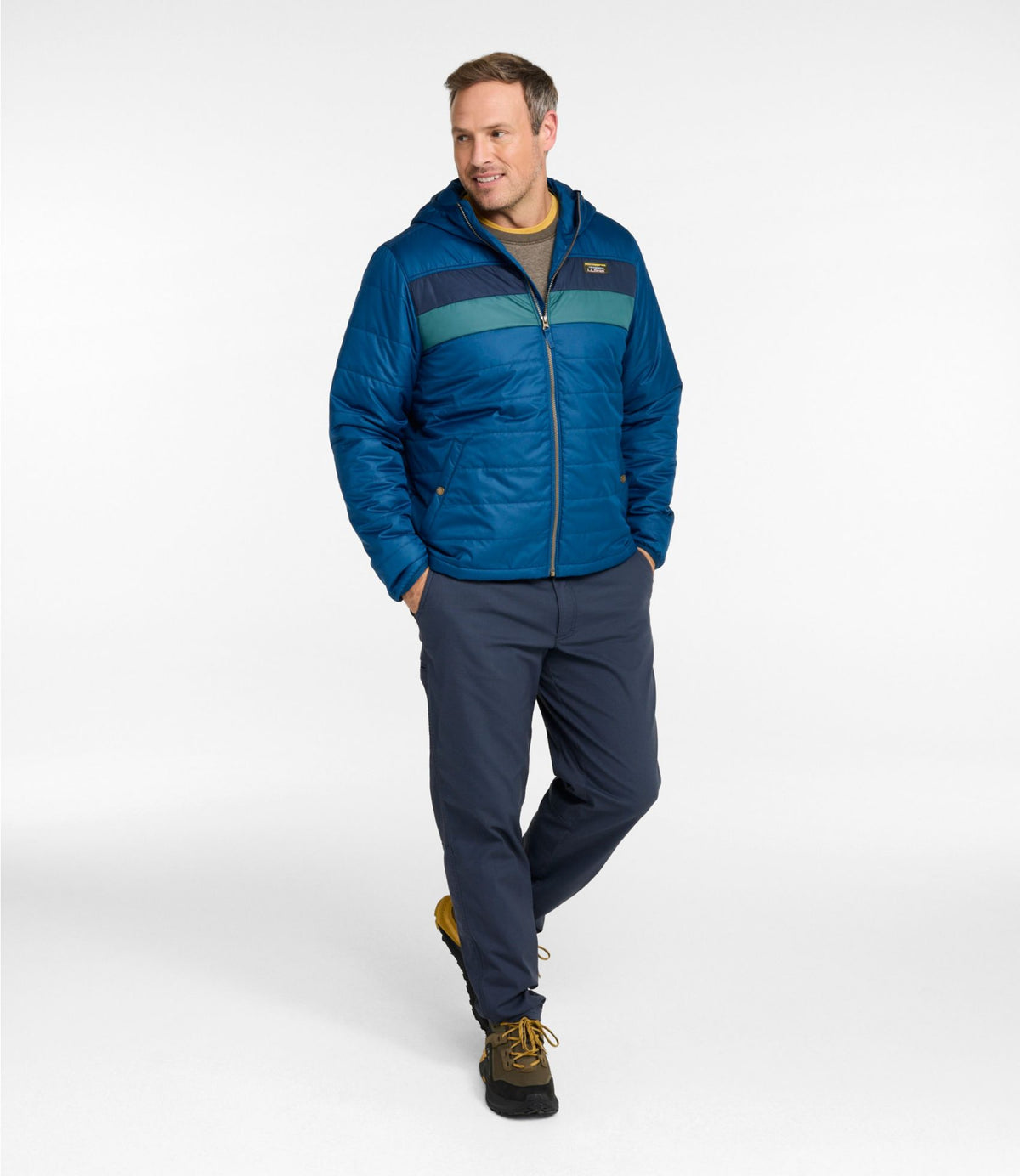 L.L.Bean Men's Mountain Classic Puffer Hooded Jacket, Colorblock Dark Marine Blue/Nautical Navy