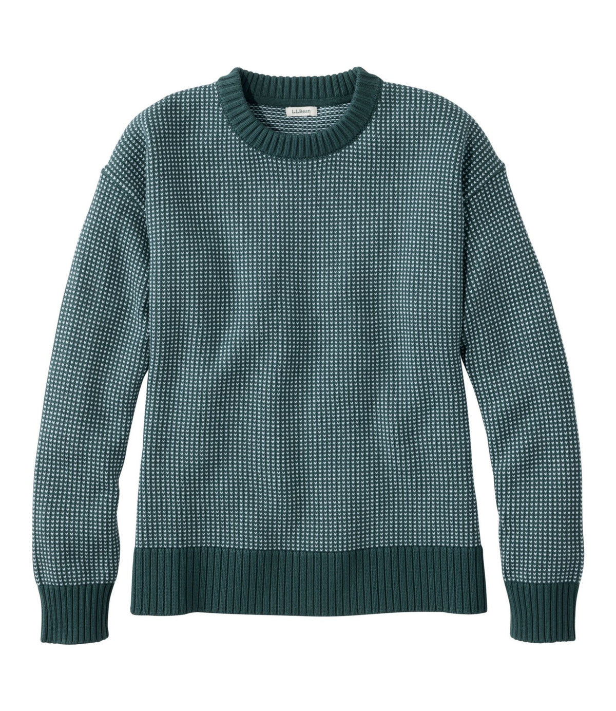 L.L.Bean Women's The Original Double L® Sweater, Crewneck Bird's-Eye Deepest Green/Surf Blue Birdseye
