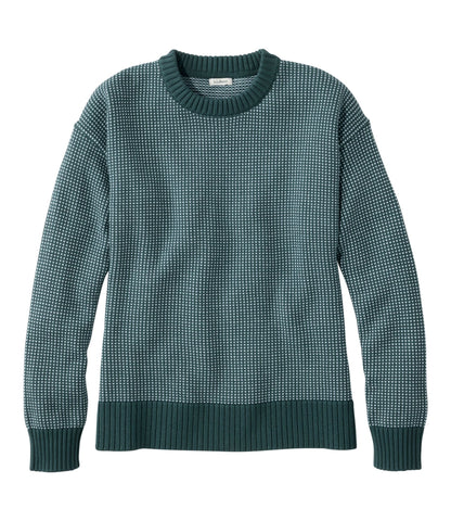 L.L.Bean Women's The Original Double L® Sweater, Crewneck Bird's-Eye Deepest Green/Surf Blue Birdseye
