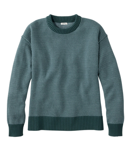 L.L.Bean Women's The Original Double L® Sweater, Crewneck Bird's-Eye Deepest Green/Surf Blue Birdseye