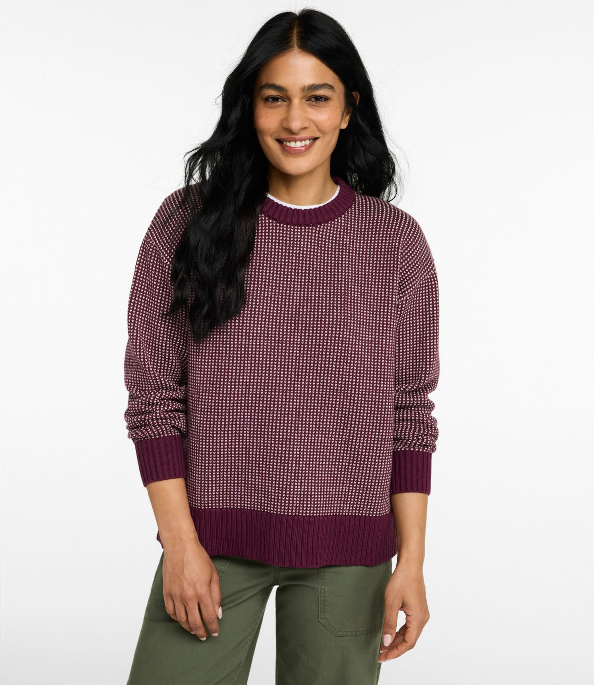 L.L.Bean Women's The Original Double L® Sweater, Crewneck Bird's-Eye Deepest Green/Surf Blue Birdseye