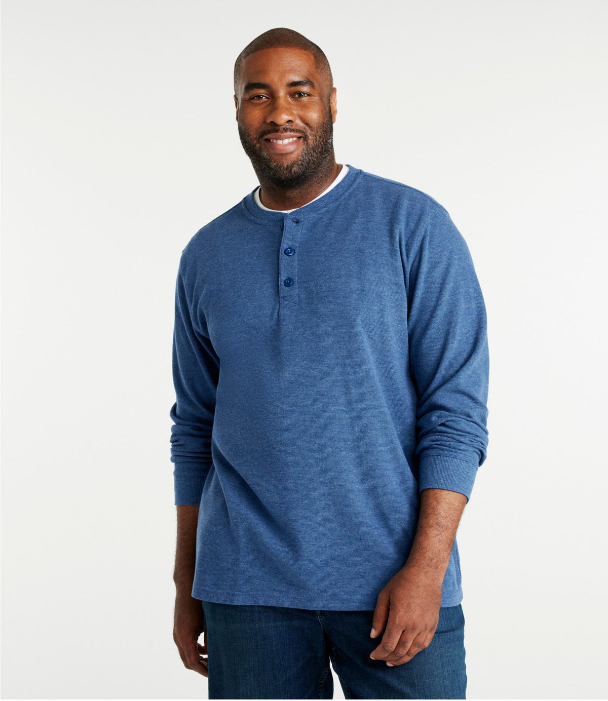 L.L.Bean Men's Unshrinkable Mini-Waffle Henley, Long-Sleeve Traditional Fit Classic Navy Heather