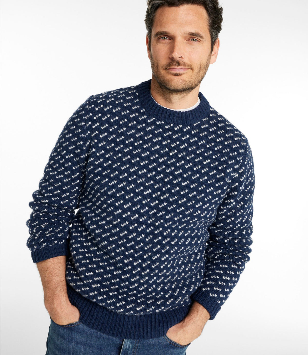 L.L.Bean Men's Bean's Classic Ragg Wool Sweater, Crewneck, Bird's-Eye Classic Navy/Light Gray Heather