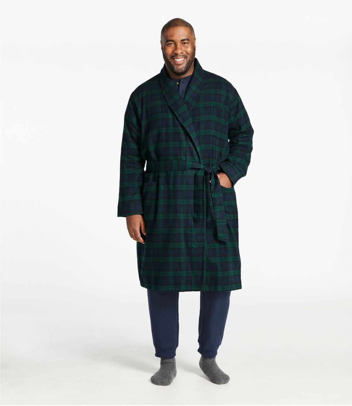 L.L.Bean Men's Scotch Plaid Flannel Robe Grey Stewart