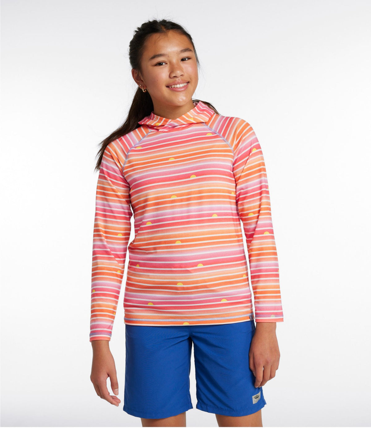 L.L.Bean Kids' Everyday SunSmart® Hooded Tee, Long-Sleeve Stripe Hot Coral