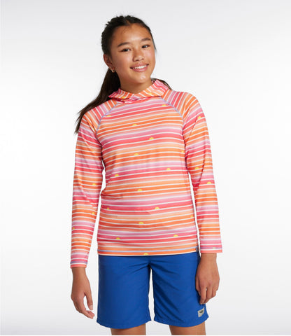 L.L.Bean Kids' Everyday SunSmart® Hooded Tee, Long-Sleeve Stripe Hot Coral