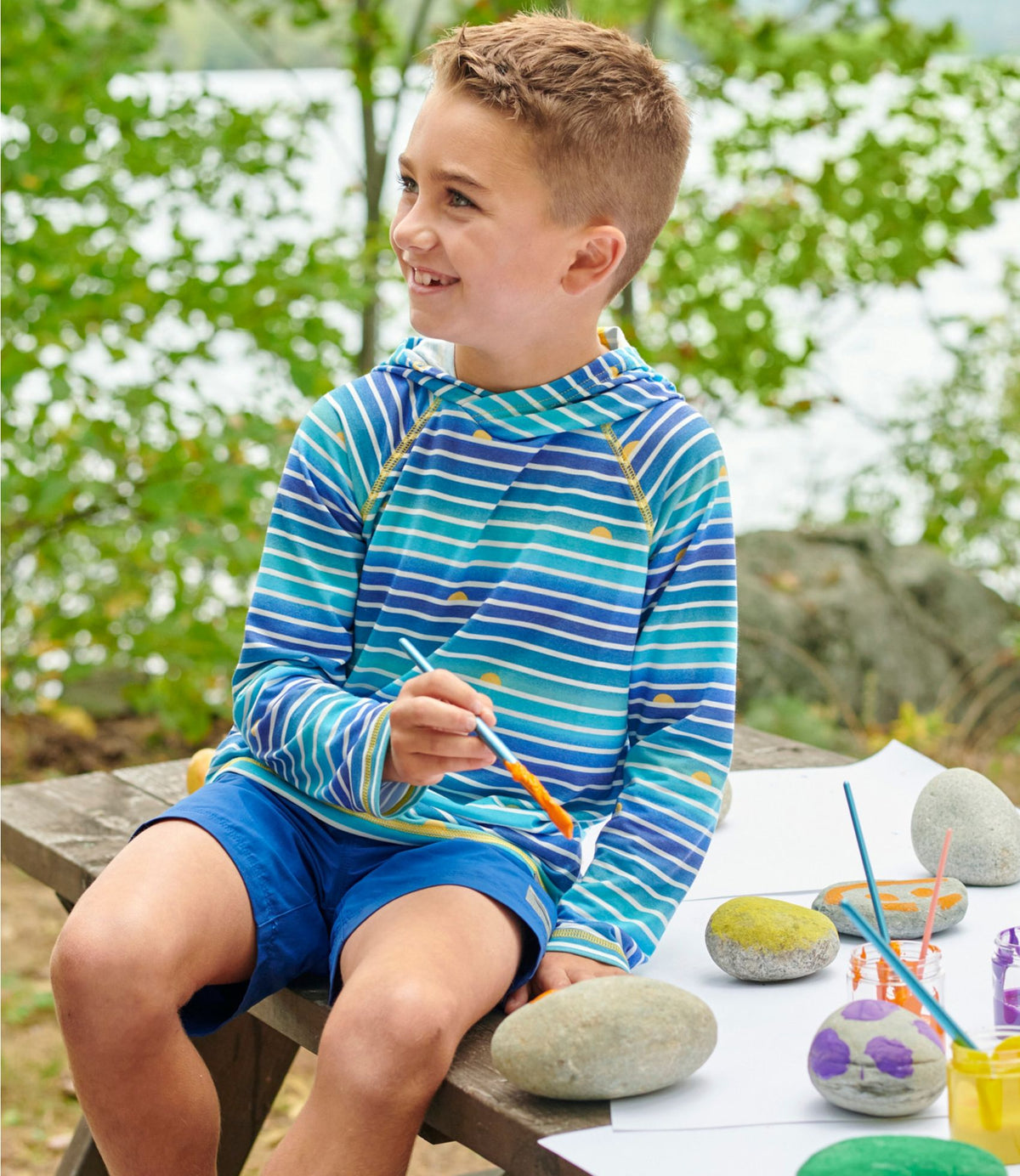 L.L.Bean Kids' Everyday SunSmart® Hooded Tee, Long-Sleeve Stripe Hot Coral