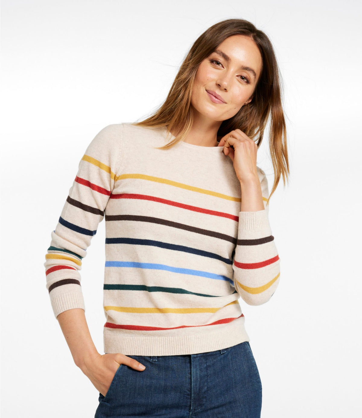 L.L.Bean Women's Classic Cashmere Sweater, Crewneck Stripe Deep Lake Multi Stripe