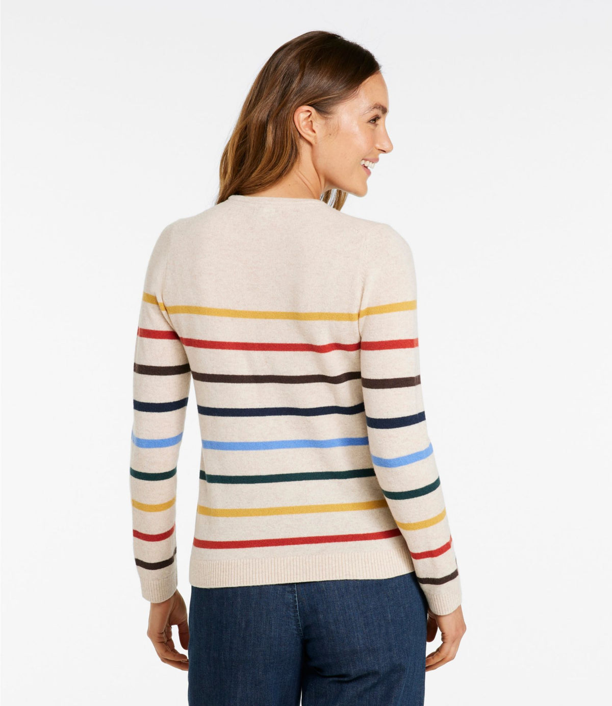 L.L.Bean Women's Classic Cashmere Sweater, Crewneck Stripe Deep Lake Multi Stripe