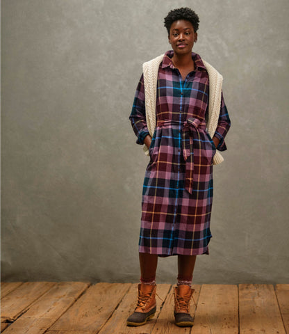 L.L.Bean Women's Signature Camp Flannel Midi Dress Vintage Plum Plaid