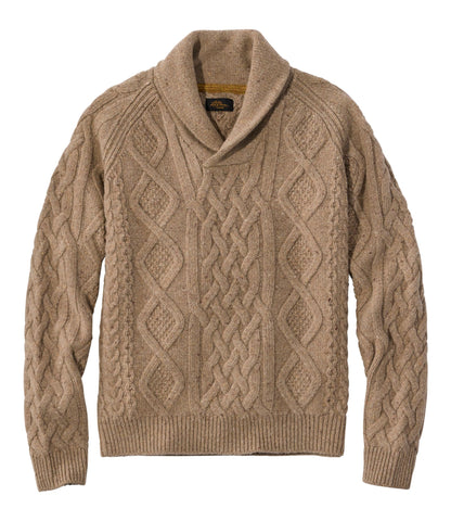L.L.Bean Men's Signature Ragg Wool Fisherman Sweater, Shawl Collar Barley