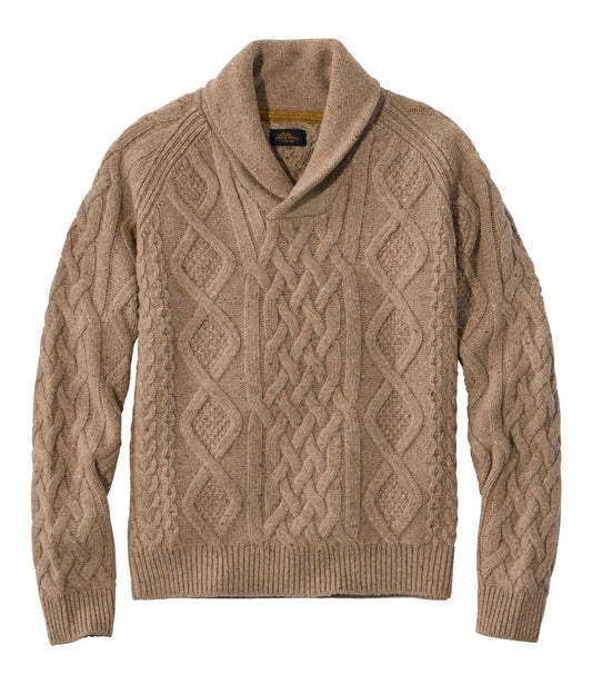 L.L.Bean Men's Signature Ragg Wool Fisherman Sweater, Shawl Collar Barley