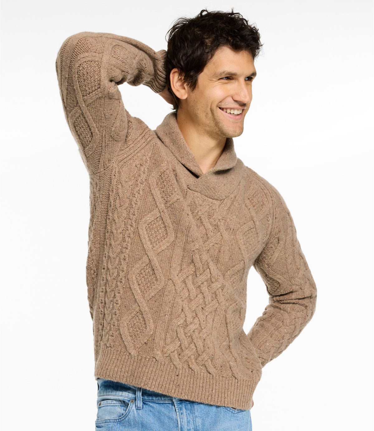 L.L.Bean Men's Signature Ragg Wool Fisherman Sweater, Shawl Collar Barley