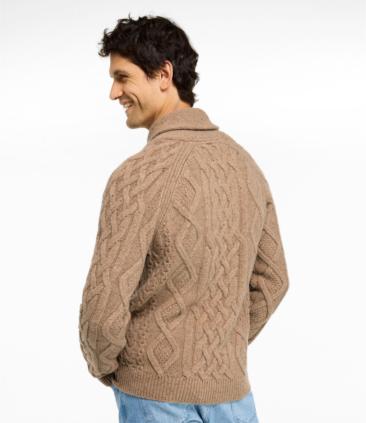 L.L.Bean Men's Signature Ragg Wool Fisherman Sweater, Shawl Collar Barley